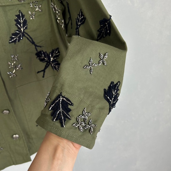 The Kooples women size M leaf embroidered jacket green 100% cotton beaded - Picture 15 of 15